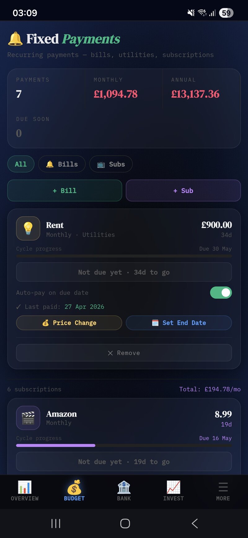 Wealthr Fixed Payments tab showing monthly and annual totals with auto-pay enabled on a £900 rent bill