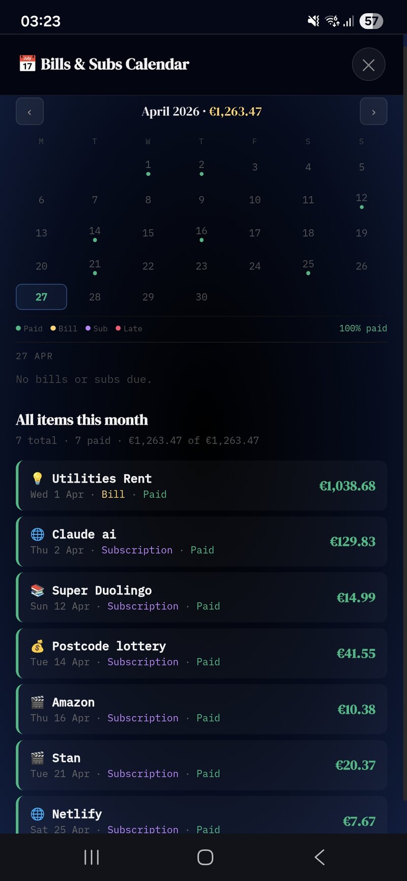 Wealthr Bills and Subs Calendar for April 2026 with paid and upcoming items marked by colored dots