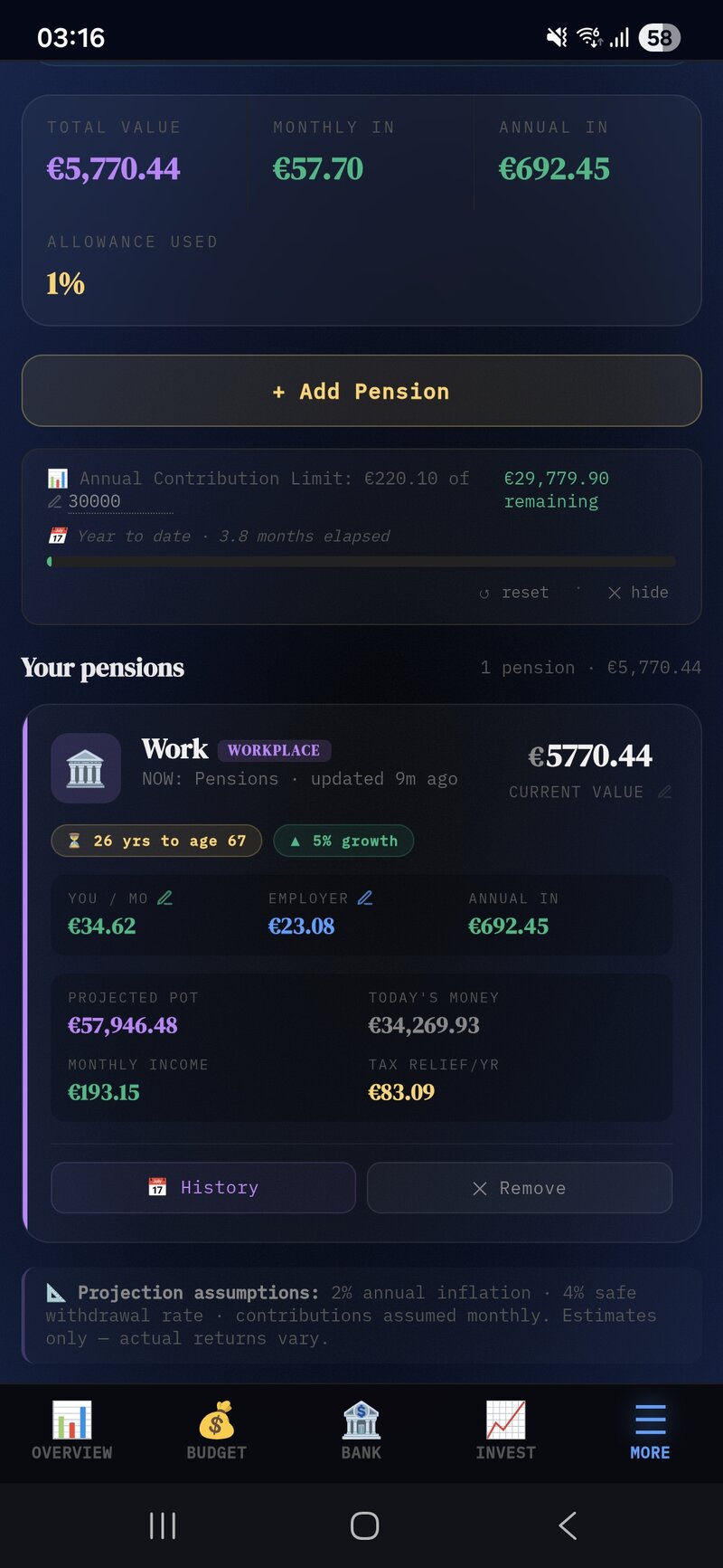 Wealthr Pension tab in euros with projected pot, monthly income and tax relief calculations